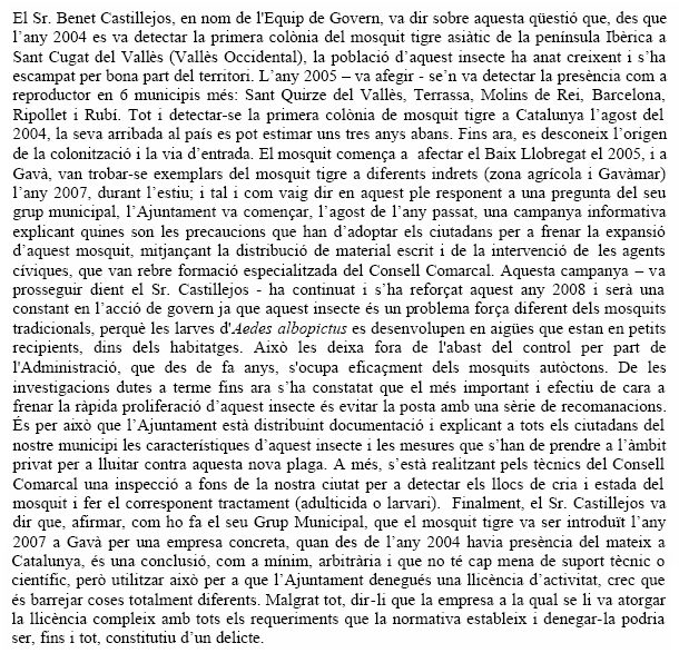 Resposta de l'Ajuntament de Gavà al prec d'ERC de Gavà on sol·licitaven que es treballi per minimitzar i erradicar si es possible la plaga del mosquit tigre de Gavà (25 de setembre de 2008)